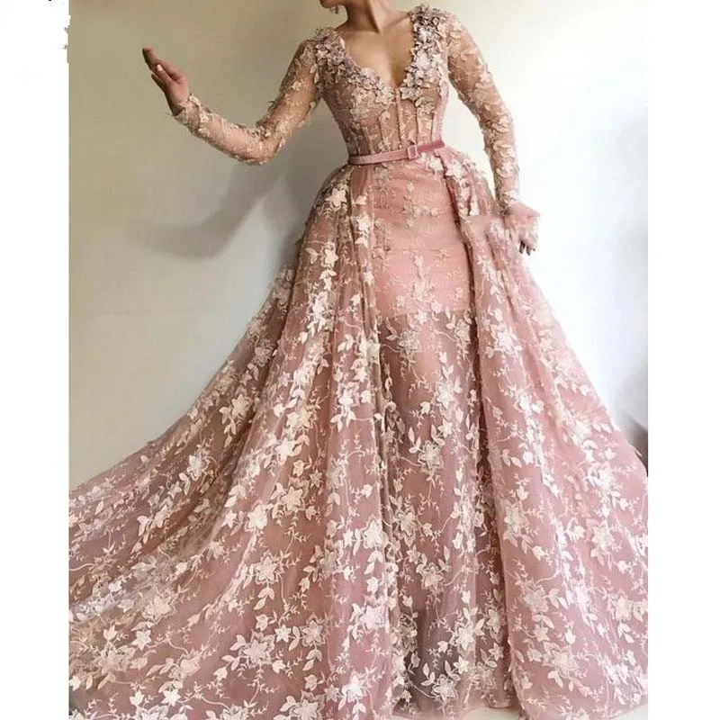 

Arabic Prom Dresses 3D Appliques vestido de festa longo Dusty Pink Prom Dress Long Sleeve V Neck Evening Gowns abendkleider