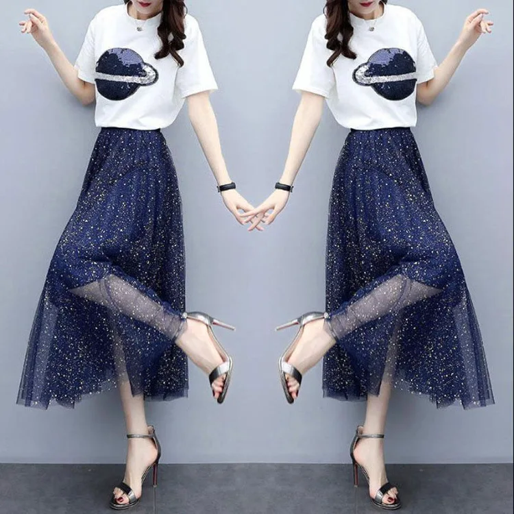 Женский комплект 2 шт. блестящая сетчатая юбка + футболка с рисунком планеты