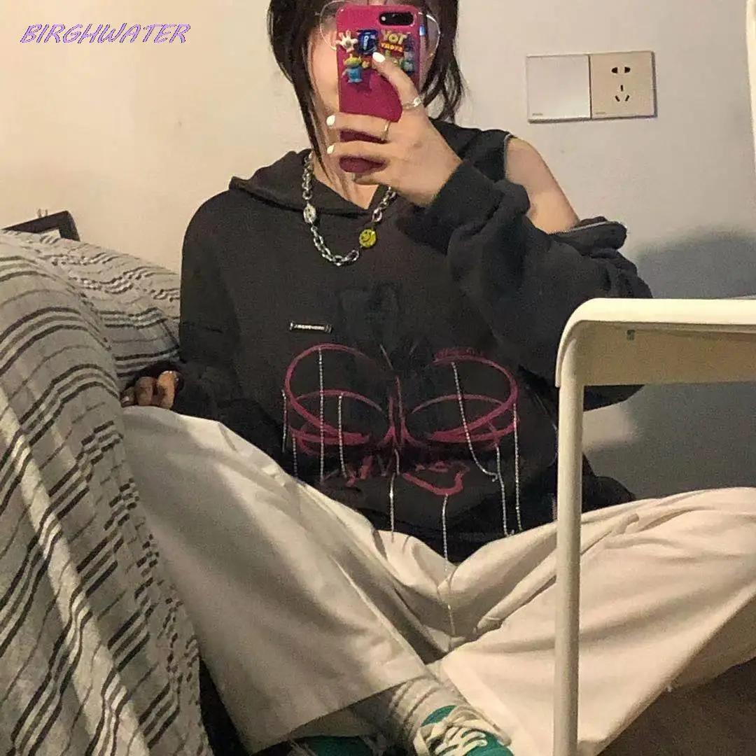 

Толстовка в стиле Харадзюку, Свитшот в уличном стиле, женские топы в Корейском стиле, пуловеры оверсайз с открытыми плечами и молнией с прин...