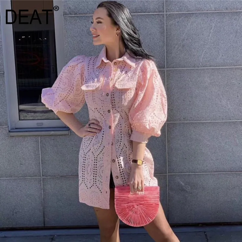 DEAT однотонное однобортное женское платье с отворотом и пышными рукавами