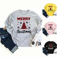2022new womens long sleeved bottoming shirt t shirt cotton casual merry chsistmas print round neck warm top
