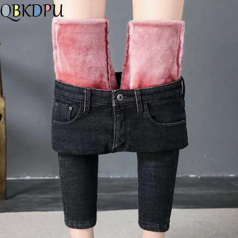 Мама плюс размер высокая талия зимние теплые джинсы для женщин стрейч джинсовые