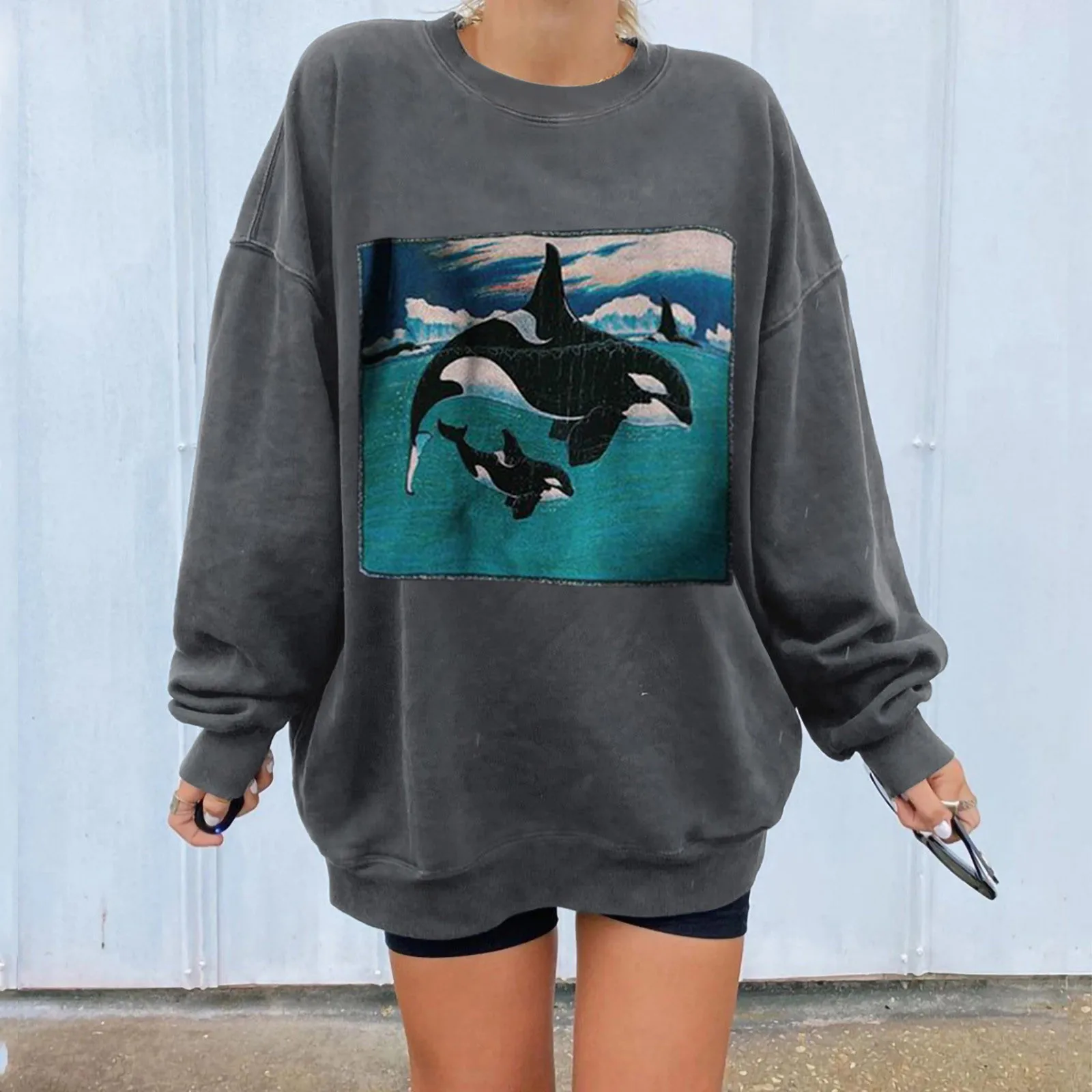 

Женский свитер, новинка 2021, Повседневный свитер с длинным рукавом и принтом океана, пуловер, топы, блузка, свободный тонкий свитер