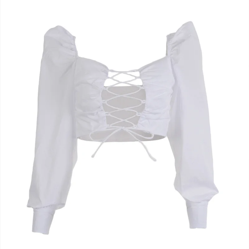 

Womens White Elegant Tops Long Sleeve Vintage Short Tshirts Bubble Sleeves Solid Color Bandage Skinny Crop Tops Spring Fashion