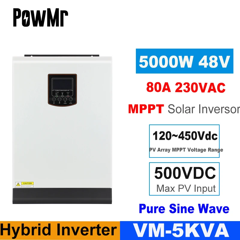 

PowMr Pure Sine Wave Inverter 5KW 5KVA Solar Inverter 230VAC 48V Support No Battery 500V Max PV Input 80A MPPT High Efficiency