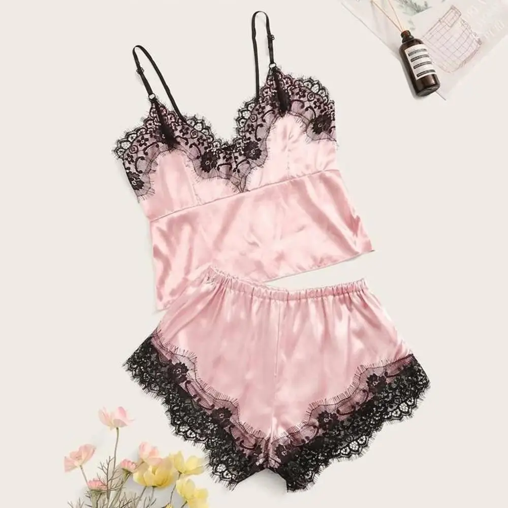 

Women Sleepwear Set Nightwear Set Sexy Lace Trim Pajamas Satin V-Neck Camisole Shorts Set Lingerie Sleepwear Nuisette #2M30