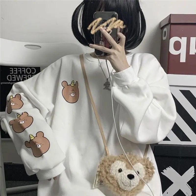 

2021 Winter Hoodies Femme Cartoon Bear Print Long Sleeve Top Thin Plush Hooded Sweatshirts MINGLIUSILI Autumn Streetwear Women