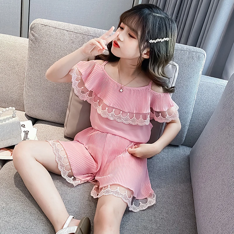 

Fashion Girl Clothes Set New Summer Strapless Lace Ruffled Top + Shorts 2-Piece Cute Chiffon Children's Clothes Set