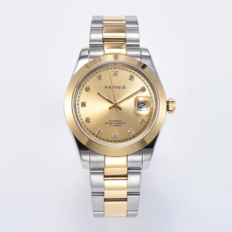 

Мужские часы Parnis 39 мм с сапфировым золотым циферблатом, сапфировым стеклом и датой, Miyota 8215, автоматические мужские часы