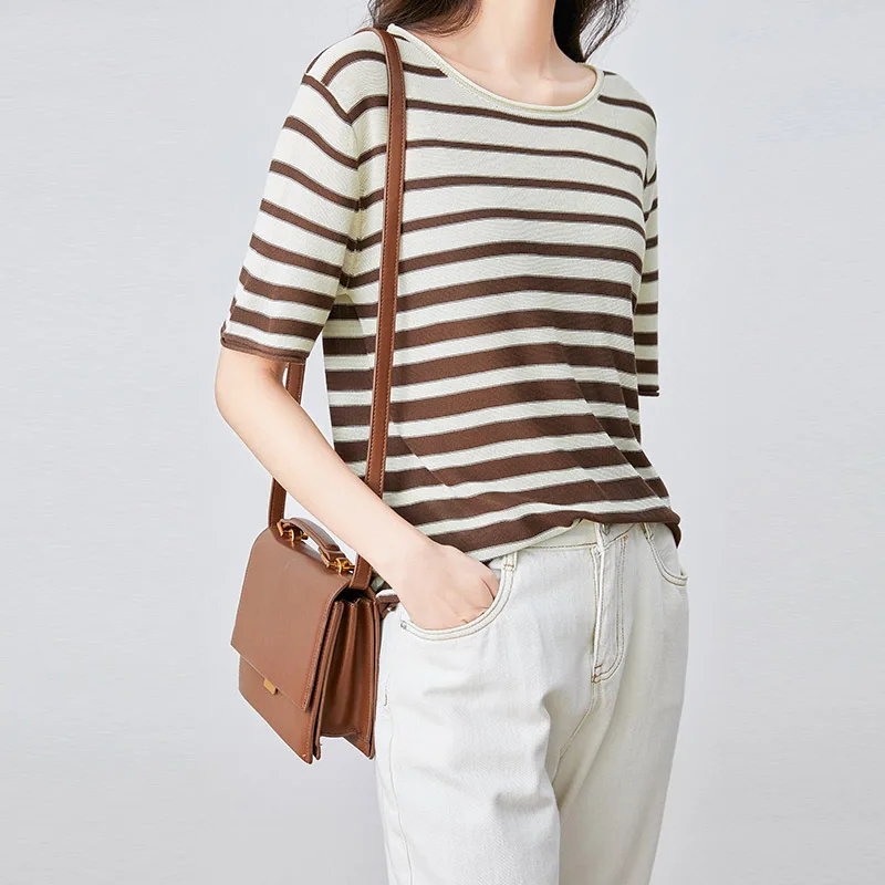 

New Women Knitted T-Shirt Summer Fashion Green Striped O Neck Short Sleeve Female Pullover Knitwear Elegant Chic Girls Tops Tees