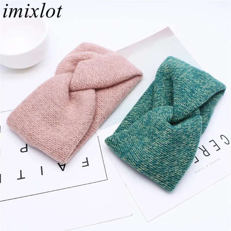 

Милая осенне-зимняя вязаная крючком повязка на голову Imixlot в стиле ретро, Женская шерстяная вязаная повязка для волос с перехлёстом, аксессу...