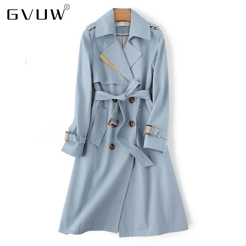 

GVUW windbreaker leisure British Lapel belt double row buckle long coat women 4519Wholesale clothing cheap