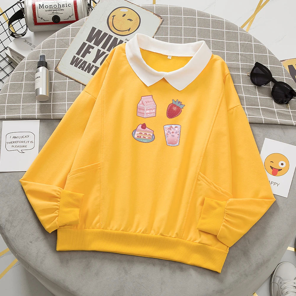 Kawaii Clothing Aesthetic Sweetshirt Strawberry Milk Hoodies Plus Size Woman Cutesy Japanese Women Turn-down Collar Sweatshirts