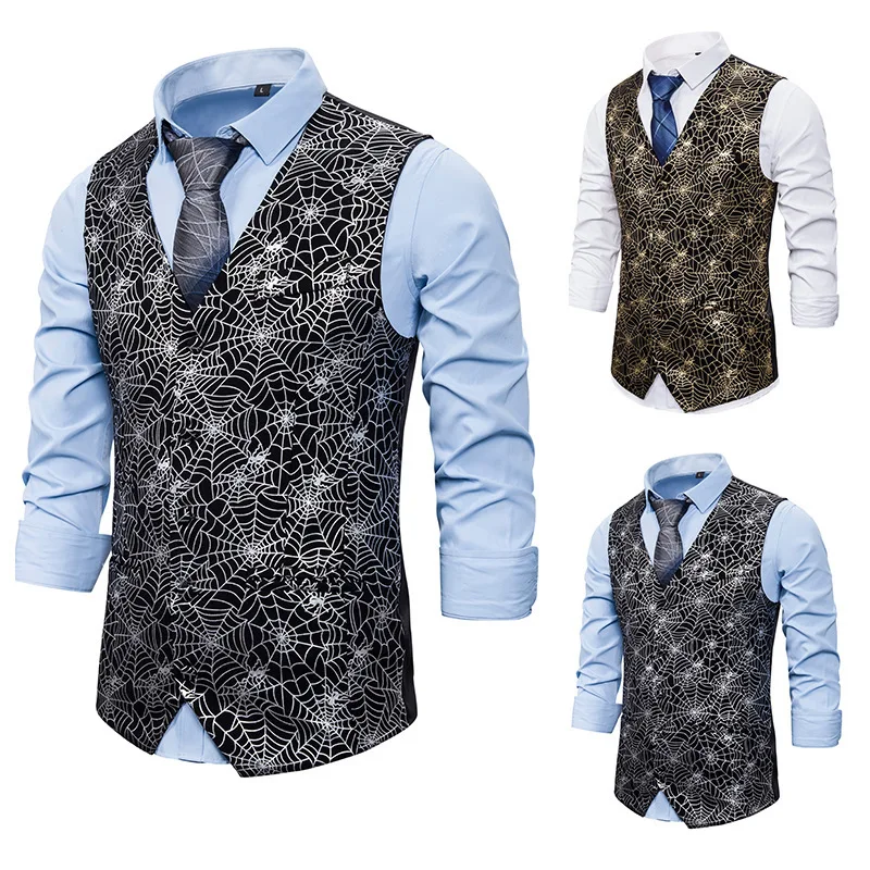 

Men's new fashion personality nightclub business spider web printing casual single breasted vest European and American sizes
