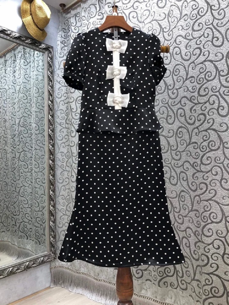 

Quality Women's High Set 2021 Summer Skirt Suit Ladies Polka Dot Print Beading Bow Deco Tops Shirt+Midi Sexy Mermaid Skirt Sets