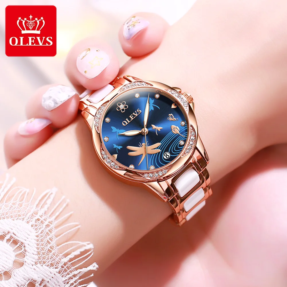 OLEVS модные керамические женские часы с автоматическим механическим бриллиантом