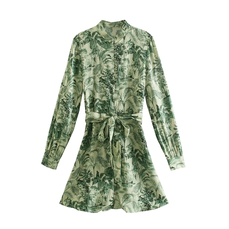 

Casual Vacation Dress Beach Long Sleeve Vintage Floral Shirt Dress Women Stand Collar A-line Spring Mini Dresses With Sash