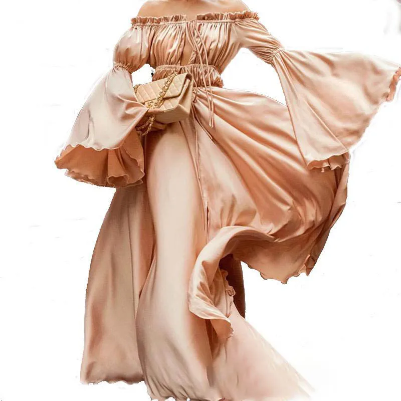

Women Dress Retro Solid Long Dress Off The Shoulder Slash Neck Sexy Dress Lotus Leaf Flare Sleeve Plus Size Dress Xxl