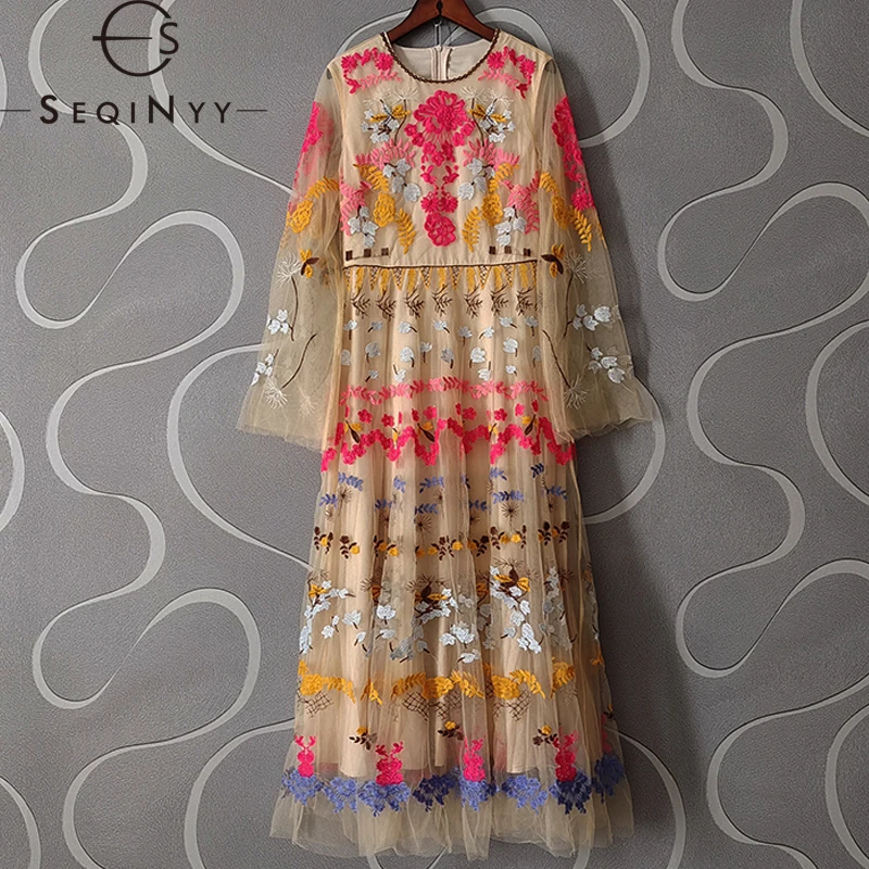 

SEQINYY Mesh Midi Dress Summer Spring New Fashion Design Women Runway High Street Embroidery Yellow Pink Flowers Elegant