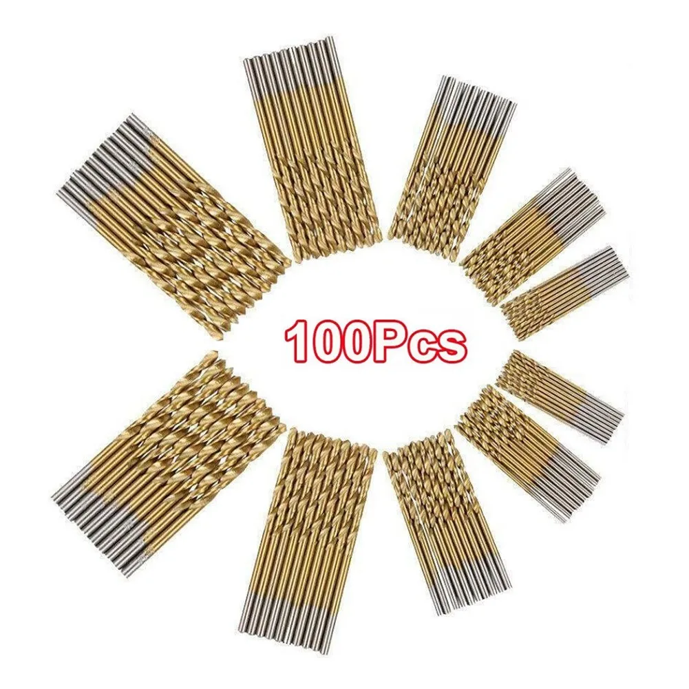

100pcs Titanium Coated HSS High Speed Steel Drill Bit Set Drilling Wood & Metal For DIY, Home And General Building/Engineering