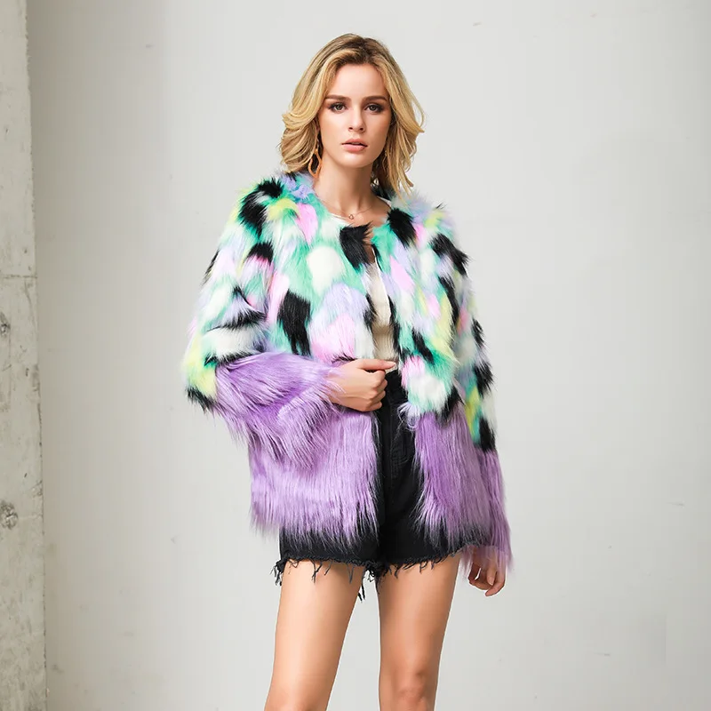 

Fall New Artificial Fur Two-color Wool Stitching Plush Fluff Coat Imitation Fox Fur Imitation Fur Thickened Loose S-4XL Jacket