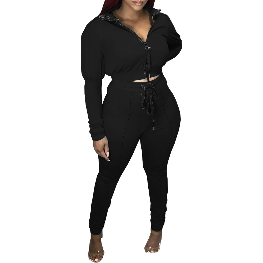 

KALENMOS Autumn Sport Sweatsuit Women Set Lantern Sleeve Crop Top Stacked Pants Set Tracksuit Matching Two Piece Fitness Outfit
