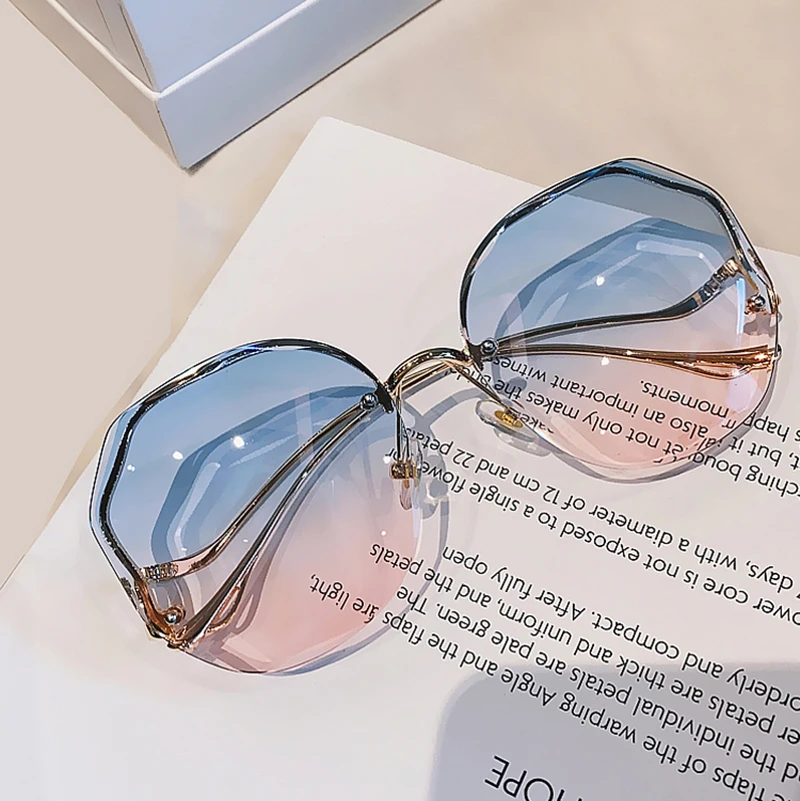 

Rimless Blue Pink Gradient Women's Sunglasses 2021 Luxury Ocean Water Cut Trimmed Lens Metal Curved Temples Glasses Female UV400