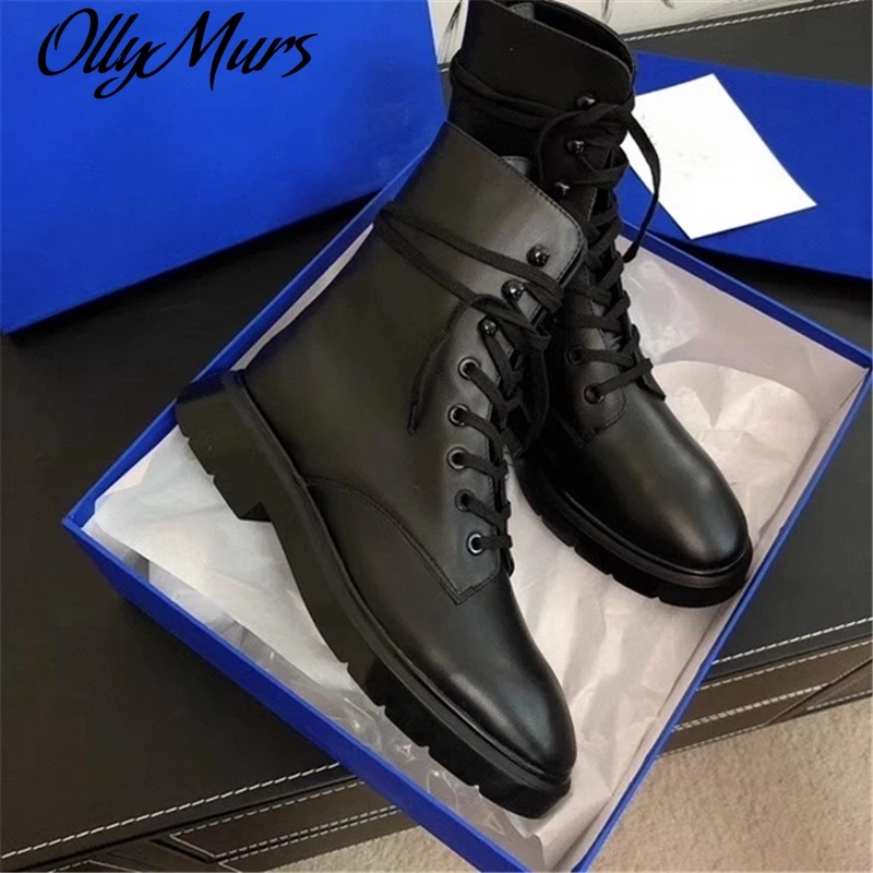 

Ollymurs Ladies Ankle Boots Luxury Designer Brand Genuine Leather Lace-Up Woman Shoes Low Heel Female Martin Boots Fashion