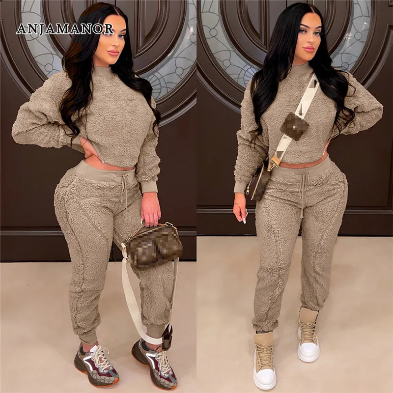 

ANJAMANOR Sportswear Fleece Tracksuit Casual Two Piece Set Long Sleeve Top and Pants Set Women Clothes Comfy Sweatsuits D57-FH40