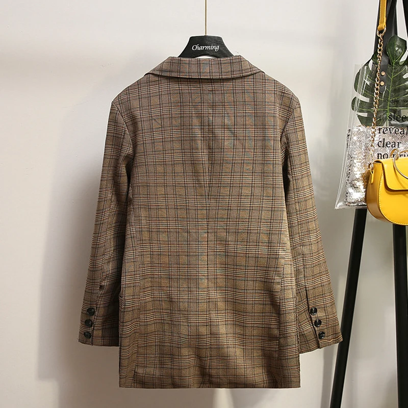 Женский костюм куртка осень 2019 новый тонкий двубортный большого размера в клетку