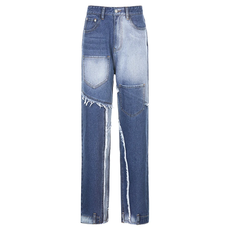 

Zoulv Autumn Personality Street Stitching Multi-pocket Straight Jeans Patchwork Cool Beggar Features Retro Hip Hop Denim Pants