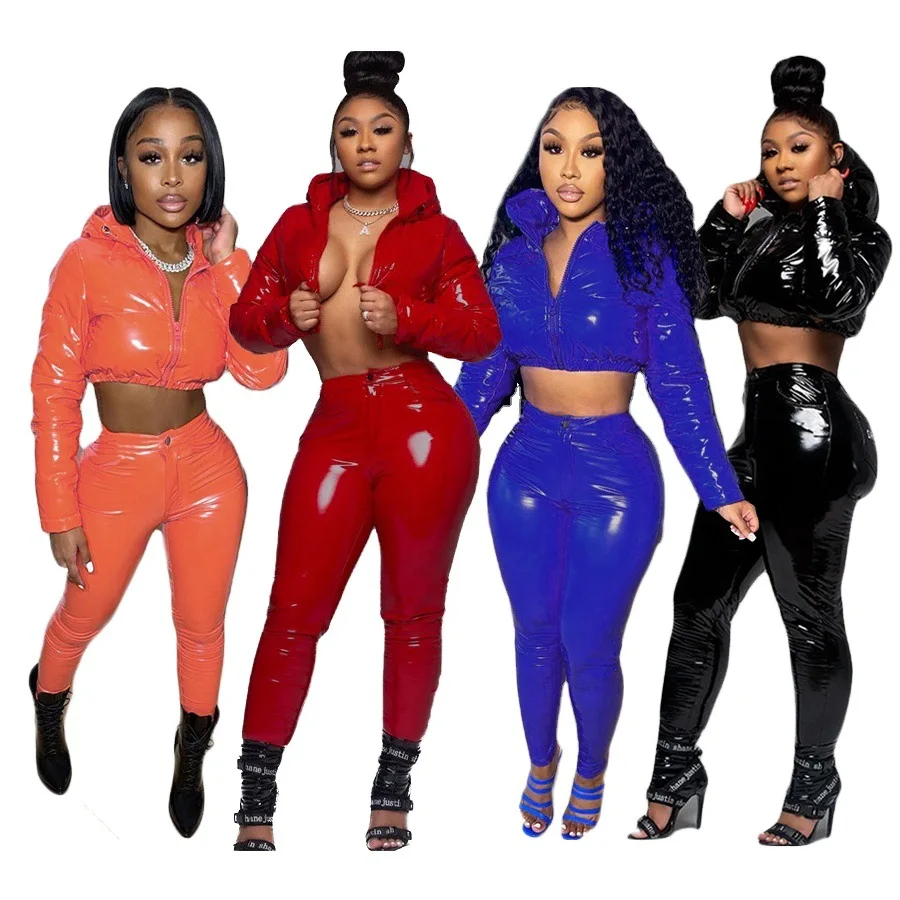 

New Arrivals Women Two Piece Sets PU Glossy Solid Color Zipper Hooded Short Bread Coats High Waist Skinny Pants Winter Suits