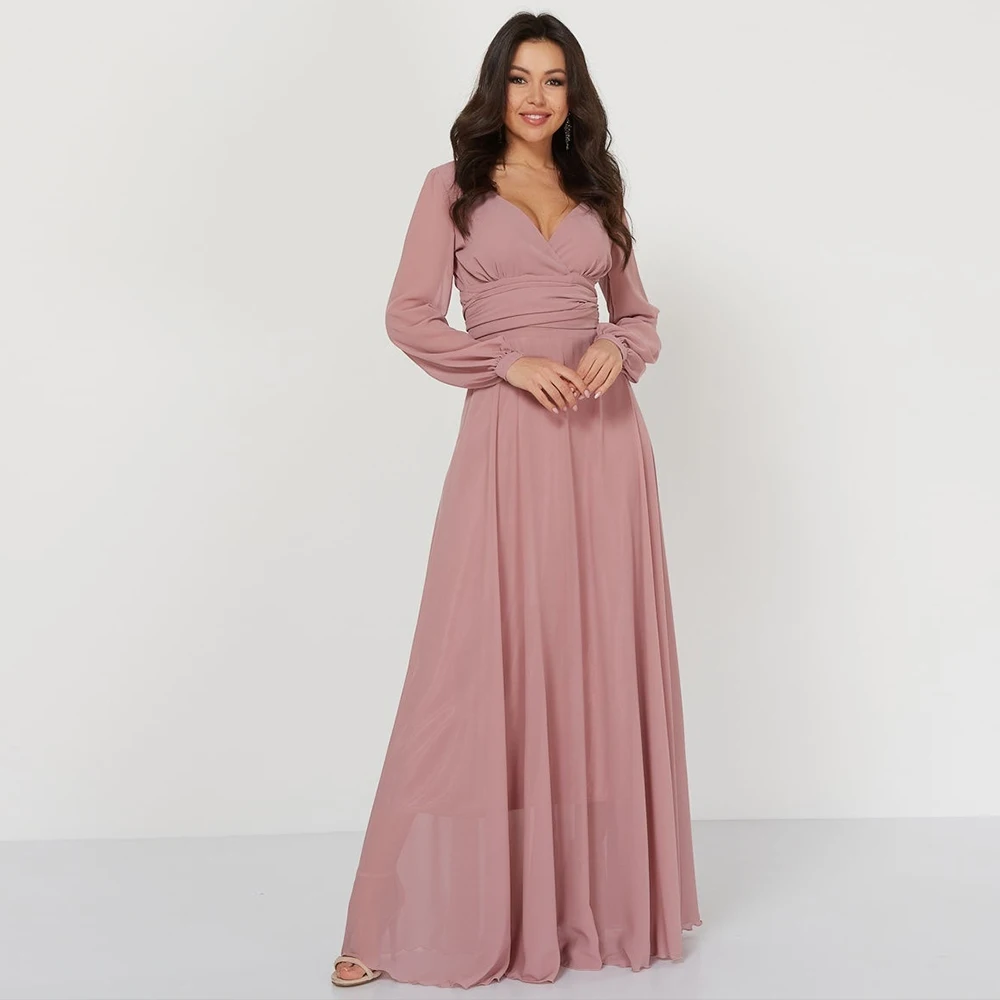 

Vintage Chiffon Evening Dress With Long Sleeves Floor Length A Line Pleat Simple Formal Summer Party Gown For Woman V Neck Robe