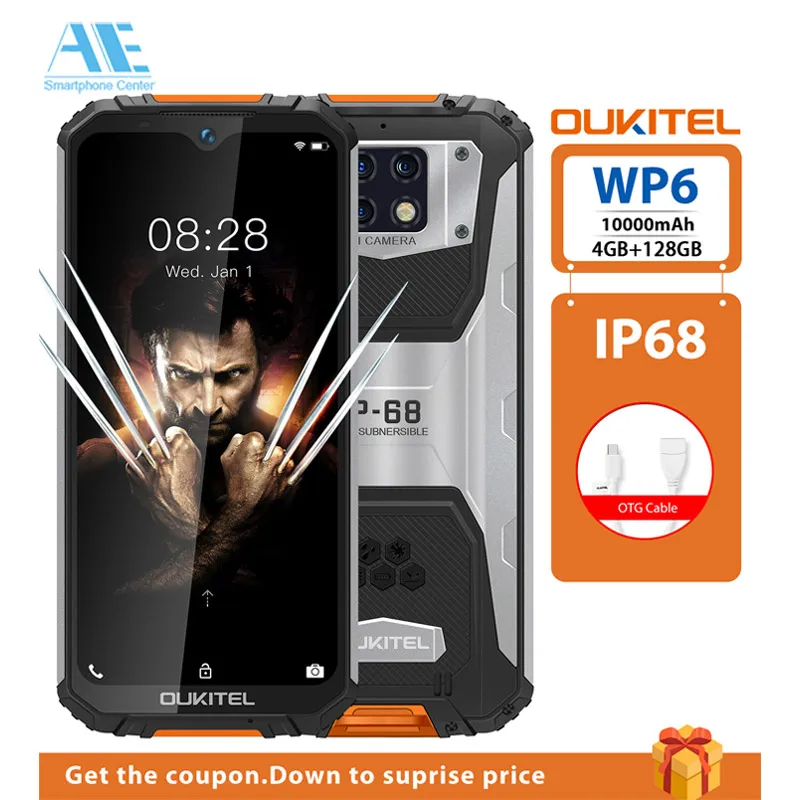 OUKITEL WP6 Ip68 прочный Водонепроницаемый 4GB 128G смартфон MT6771T Octa Core 9V/2A 10000 мА/ч Батарея