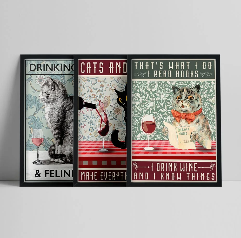 Винтажный абстрактный стиль кошка питьевое вино чтение книги холст живопись