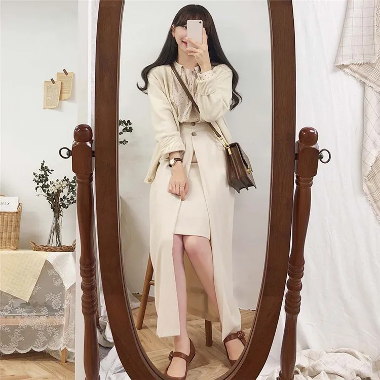 New 2021 Spring Women Fashion Casual Office Ladies Korean Style Buttons High Waist Patchwork Split Female Straight Skirt SK6121 | Женская