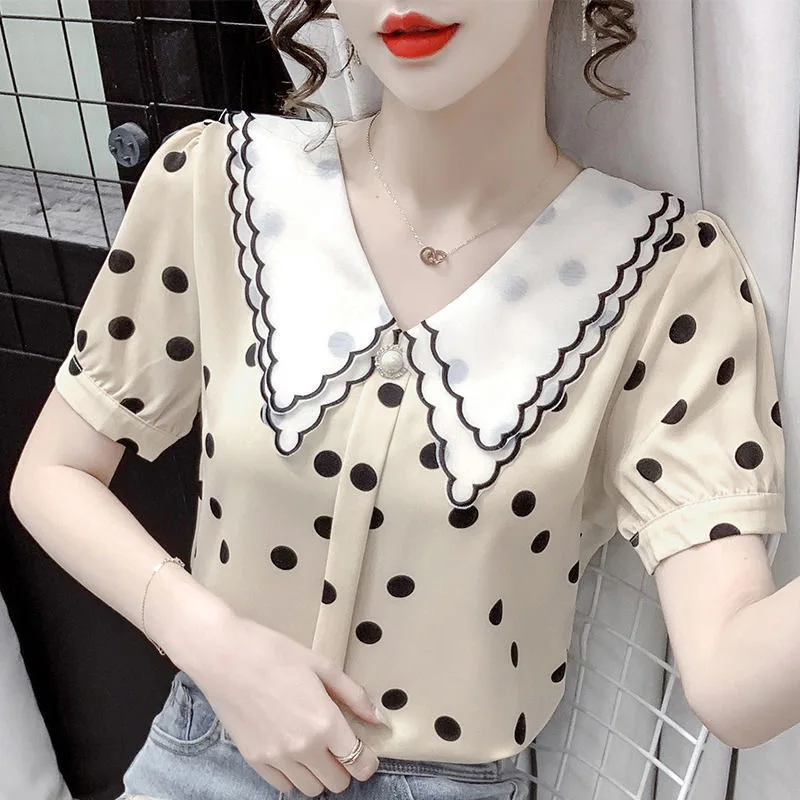 

Polka Dot Printed Women Choffon BlusesLady Peter Pan Collar Casual Short Sleeve Shirts Spring Summer Style Blusas Tops