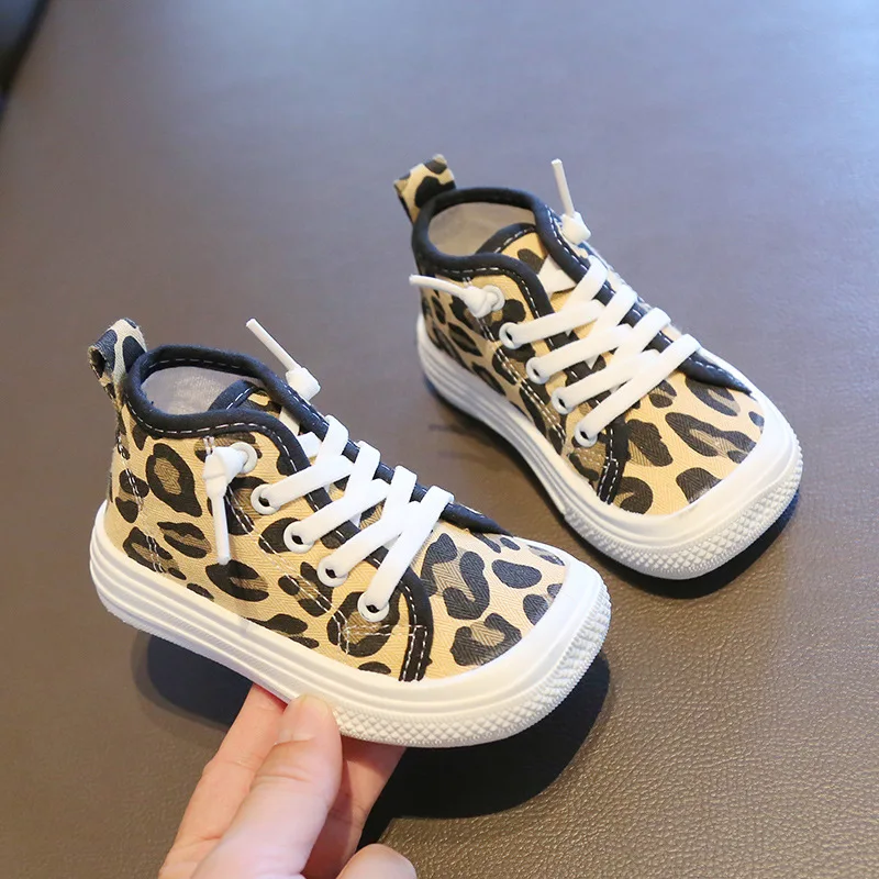 

2022 spring and autumn children high-top canvas shoes boys and girls casual shoes square toe shoes baby leopard print canvas