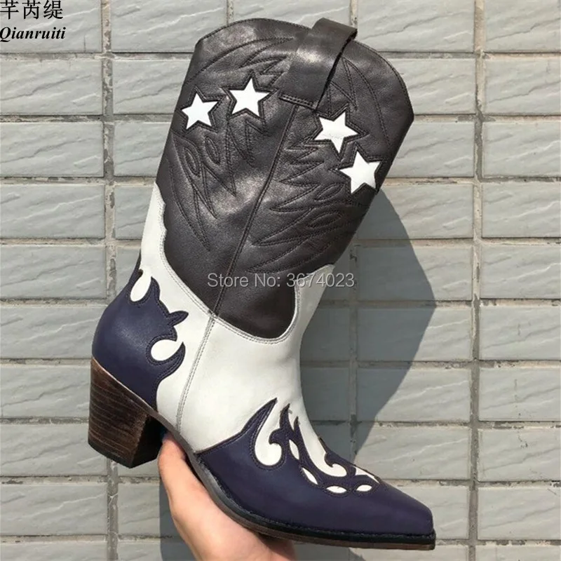 

Qianruiti Sapatos Fenimina Cowboy Runway Embrodery Boots Stars Western Knight Booties Chunky Heels Zapatos Mujer 2019