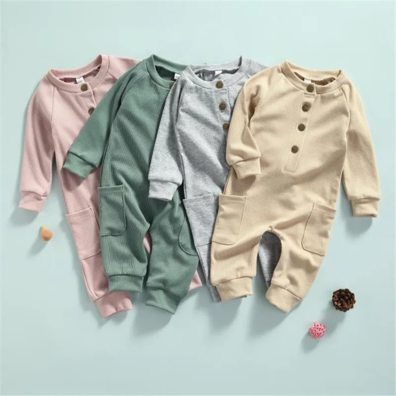 

Babies Casual Romper Solid Color Baby Romper Round Collar Long Sleeve Jumpsuit with Pockets Boys Girls Bodysuit 0-12 Months