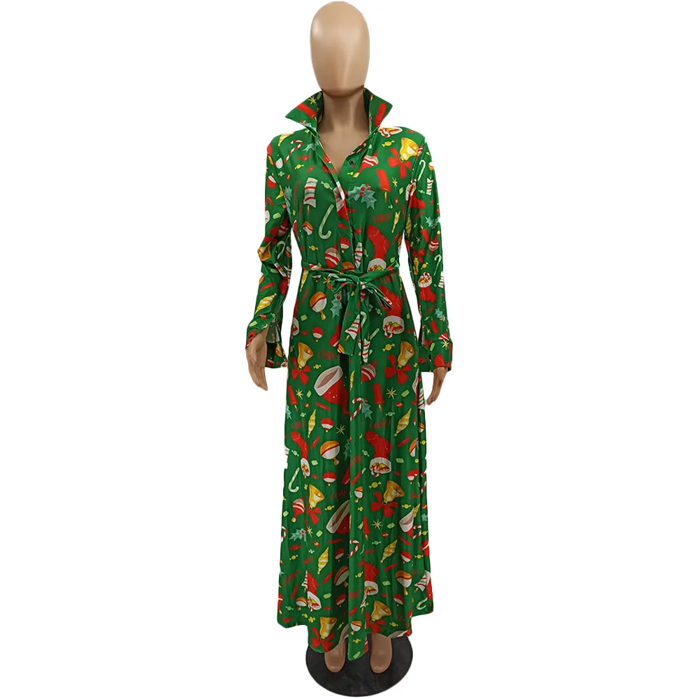 

Christmas Dress Women Fashion Elegant Turn Down Collar Long Sleeve Christmas Club Party Long Dress Vestidos Robe Femme 3XL