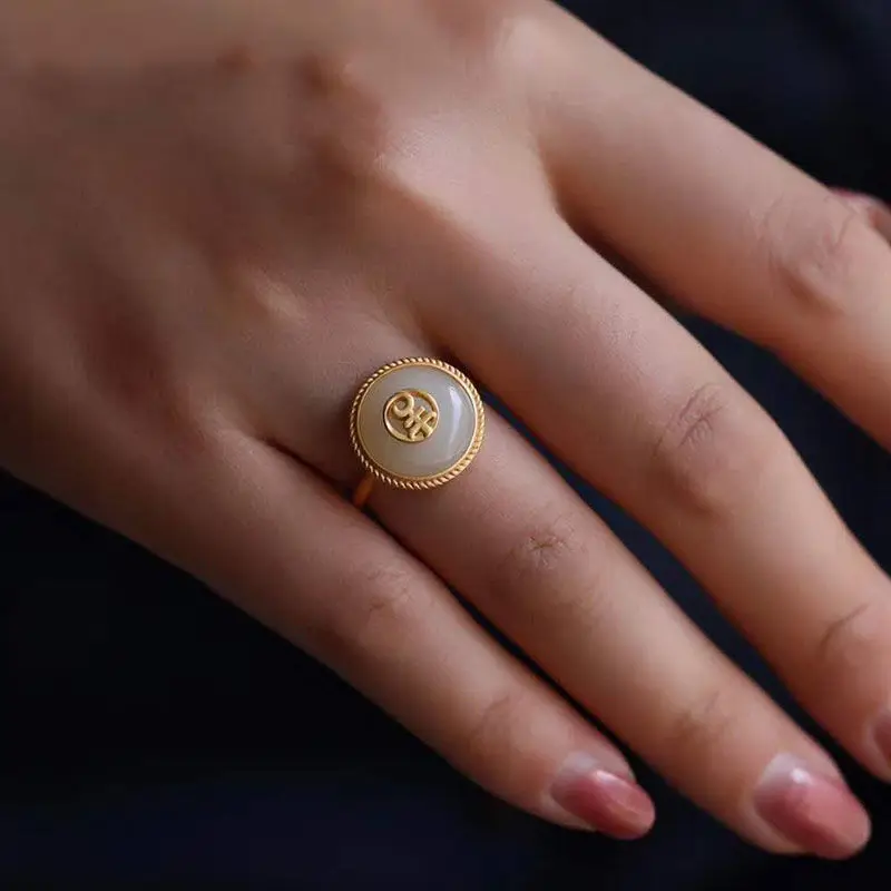 

Retro Ring Women's Sterling Silver Hetian Jade Ring Open Adjustable Court Open Mouth Auspicious Words Lucky Lucky for Elders
