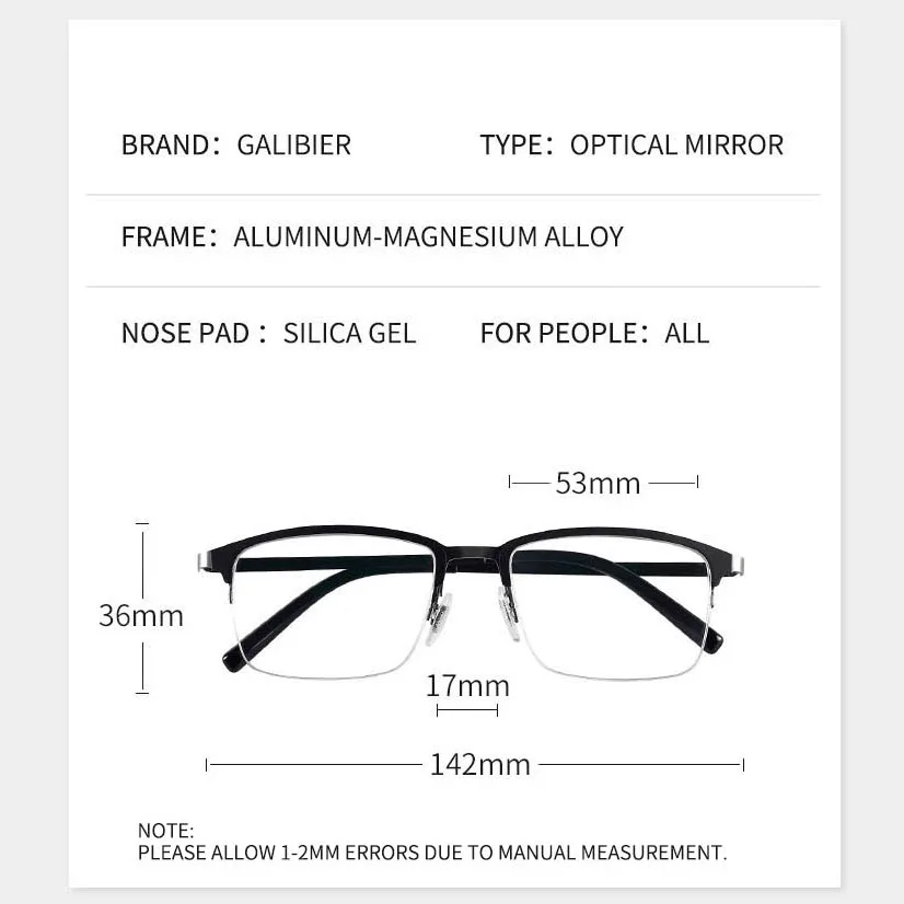 

GALIBIER Square Metal Glasses Frame Optical Half Glasses Optical Ultralight Eyeglasses Aluminum-Magnesium Glasses