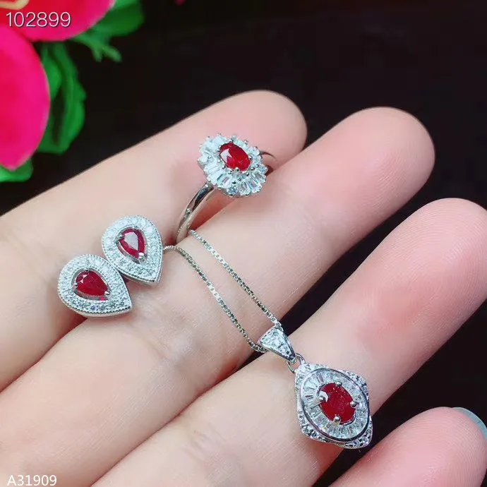 

KJJEAXCMY Fine Jewelry 925 Sterling Silver Inlaid Natural Red Stone Ladies Pendant Earrings Ring Set Support Detection Luxury