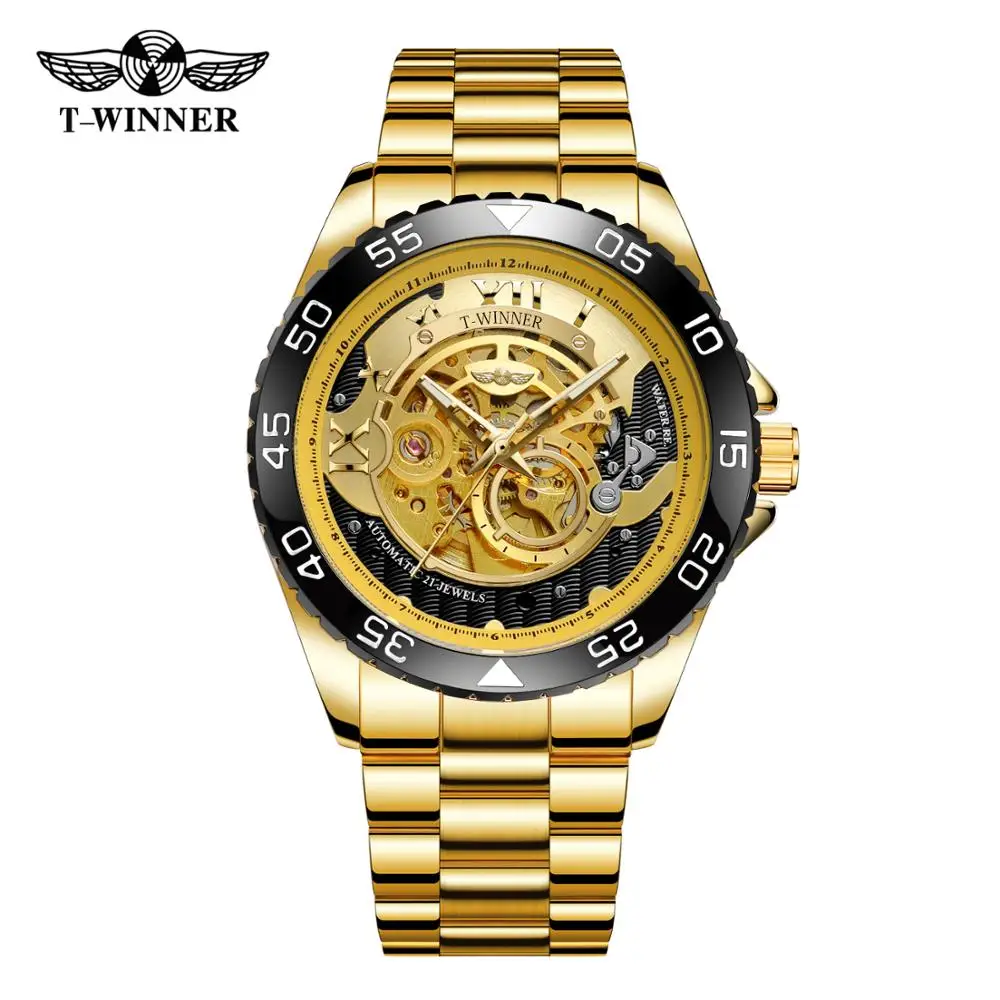 

T-winner Men's Trendy Mechanical Automatic Skeleton Analogue Display Casual Watch with Stainless Steel Bracelet WRG8193M4