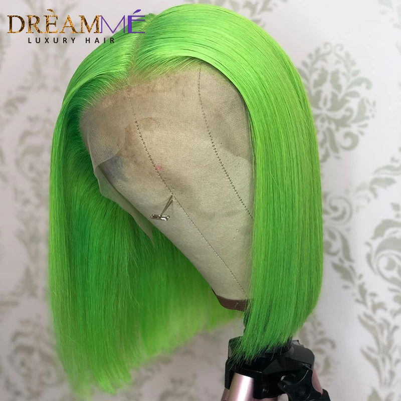 Парики из натуральных волос зеленого цвета 13x4коротких прямых париков с