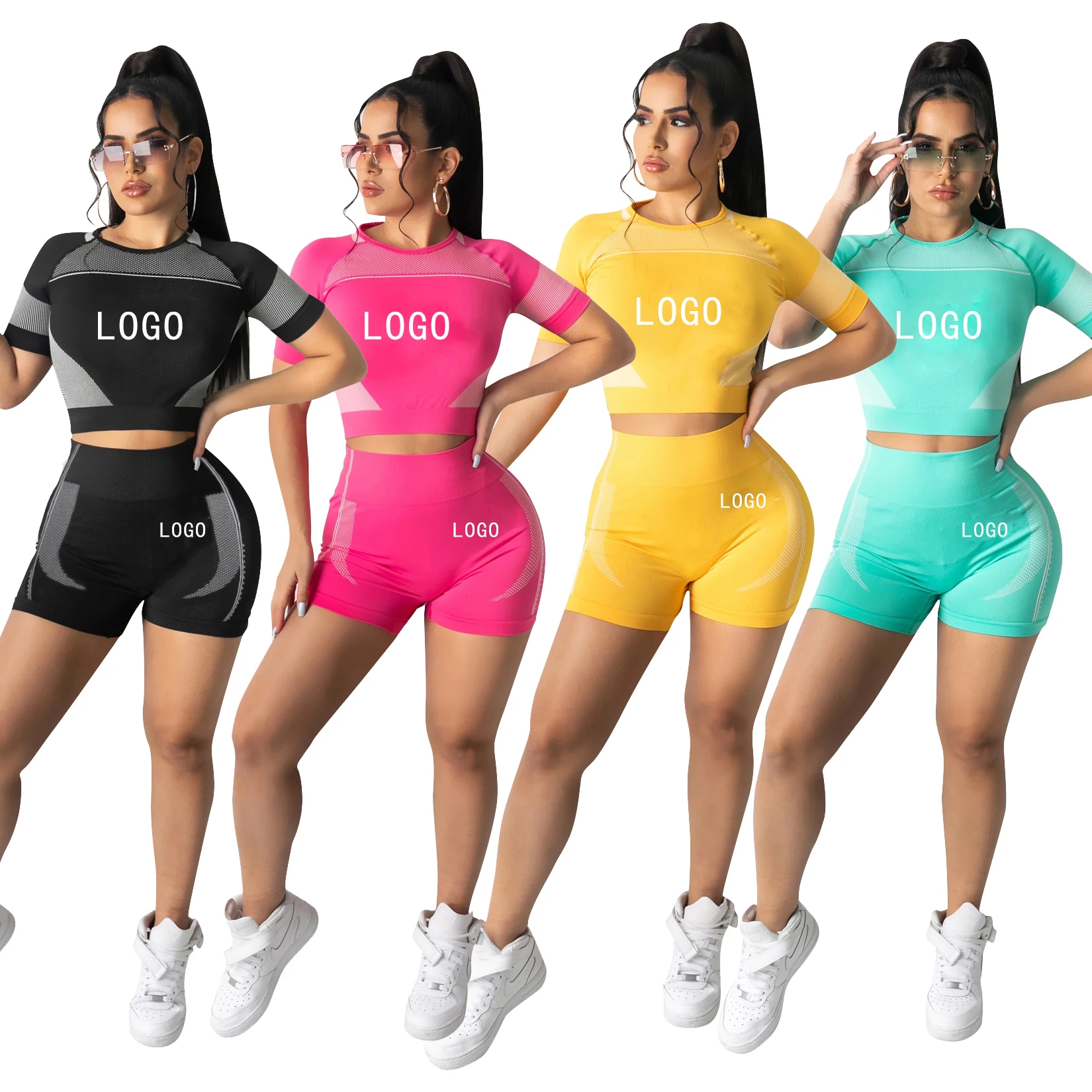 

Echoine Summer Splicing Sports Two Piece Set Women Sexy Fashion Casual Crop Tops Shorts Suit Jogger Tracksuit Matching Outfits