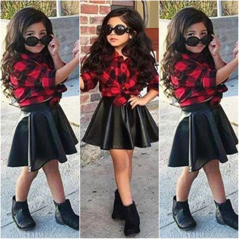 

Pudcoco 1-6Y Boutique Toddler Girl red Plaid Tops Shirt and Leather Skirt Dress Outfits Set 2Pcs summer Clothes Sets
