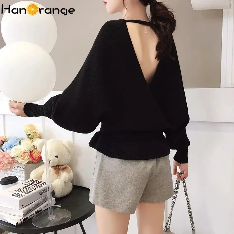 Open Back V-neck Belt Loose Pullover Sweater 2020 Autumn Winter Women Bat Sleeve | Женская одежда