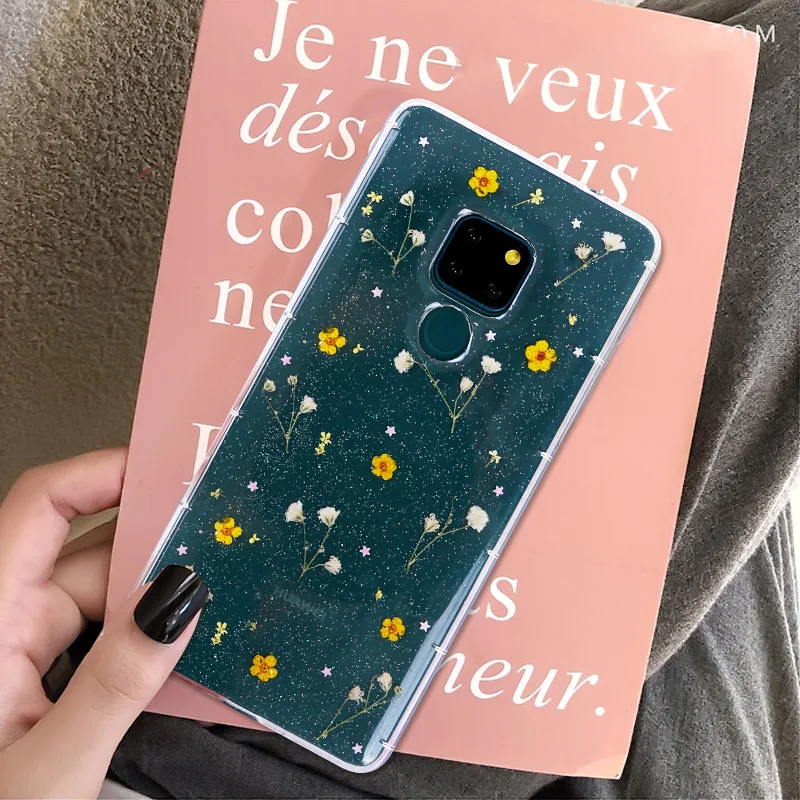 Phone Case For Huawei Mate 20 Pro Glitter Transparent Silicone 3D Real Dried Flowers Daisy Space Planet Star Cover 20X |
